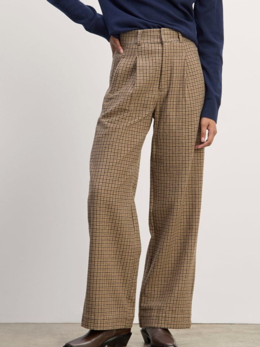 Everlane The Draper Pant in Wool Wide Leg High Waisted Camel Houndstooth Sz